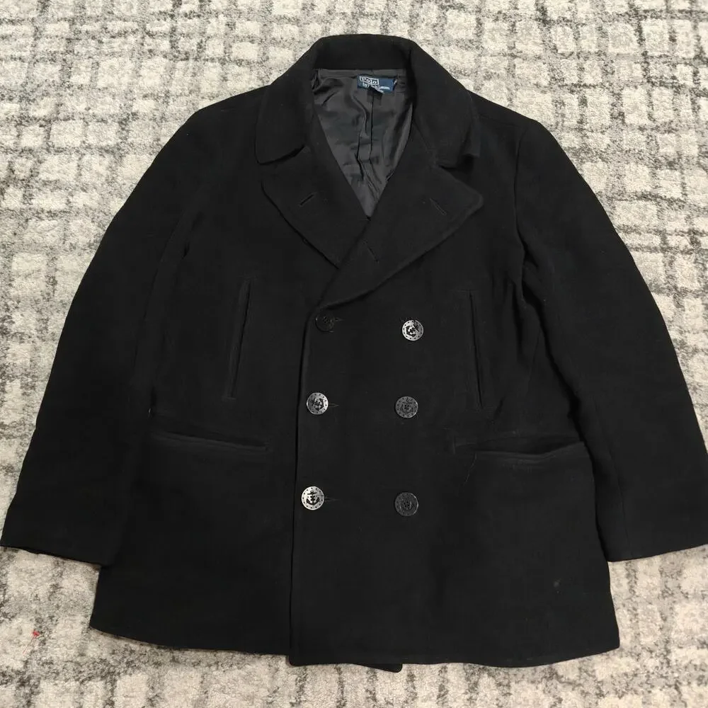Vintage Polo Ralph Lauren Wool Peacoat Men XXL Heavy Black Anchor Button Jacket